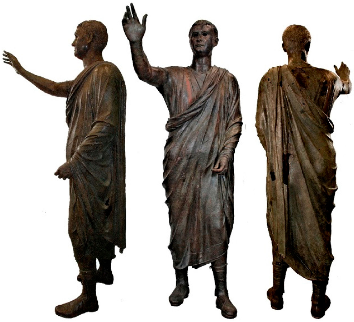 Three views of the ancient Etruscan bronze statue Arringatore of Pila, showing its raised arm, draped toga, and weathered surface.