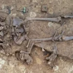 Excavated skeleton of a Celtic woman buried around 250 BCE in Senden, Germany, showing bronze jewelry and other grave goods.