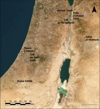 Regional map of the southern Levant showing Pella in northern Jordan and nearby archaeological sites.