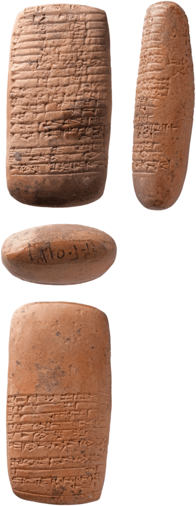 Long rectangular Ur III cuneiform tablet from the Umma region recording distributions of grain and other agricultural goods.