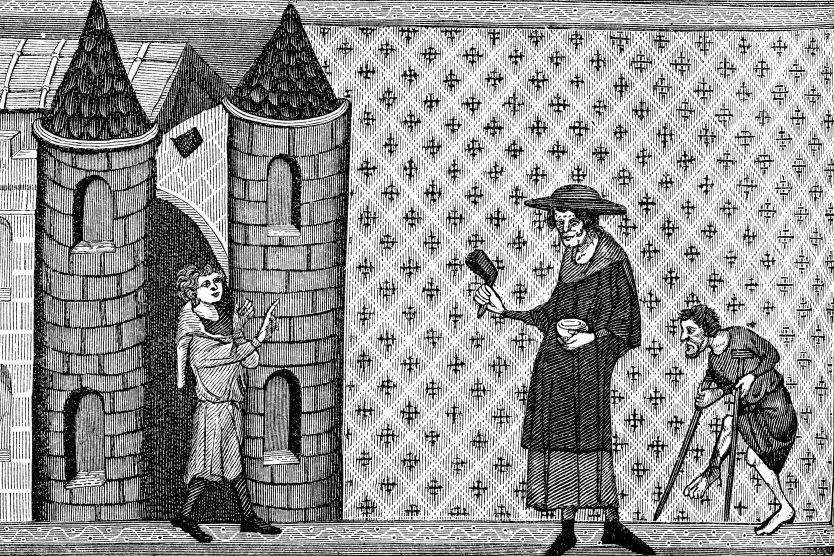 13th-century illustration of a medieval house for people affected by leprosy.