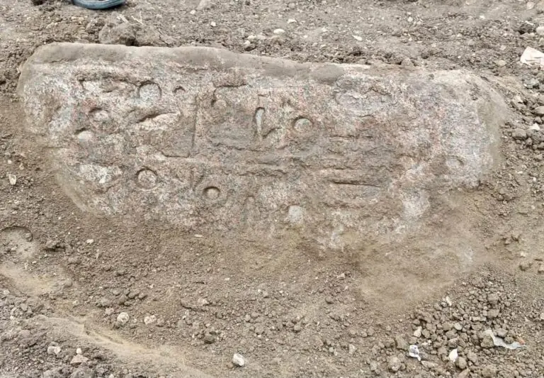 Ancient Egyptian stone block bearing hieroglyphic inscriptions discovered during excavations at Behbeit el-Hagar.