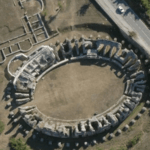 Aerial view of the ancient Roman amphitheater at Amiternum in Italy's Abruzzo region.
