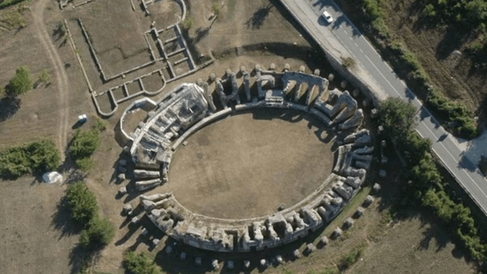 Aerial view of the ancient Roman amphitheater at Amiternum in Italy's Abruzzo region.