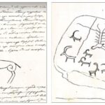 Historic 1856 sketches of a large antlered deer and other animal petroglyphs discovered in Kazakhstan's Koksu River valley.