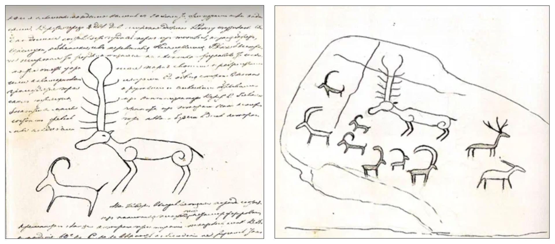 Historic 1856 sketches of a large antlered deer and other animal petroglyphs discovered in Kazakhstan's Koksu River valley.