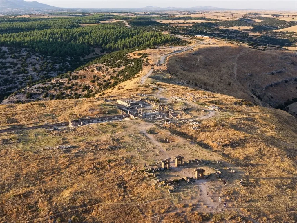 Aerial panorama of the ancient city of Blaundos and its canyon landscape.
