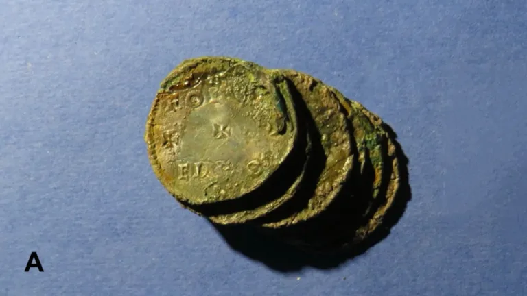 Close-up of fused Anglo-Saxon silver coins found near the Vatican in Rome.