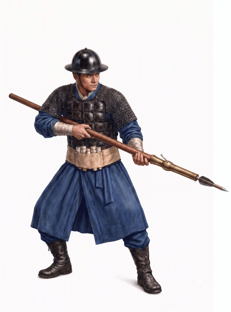Historical illustration of a Korean soldier holding a long-shafted early gunpowder weapon.