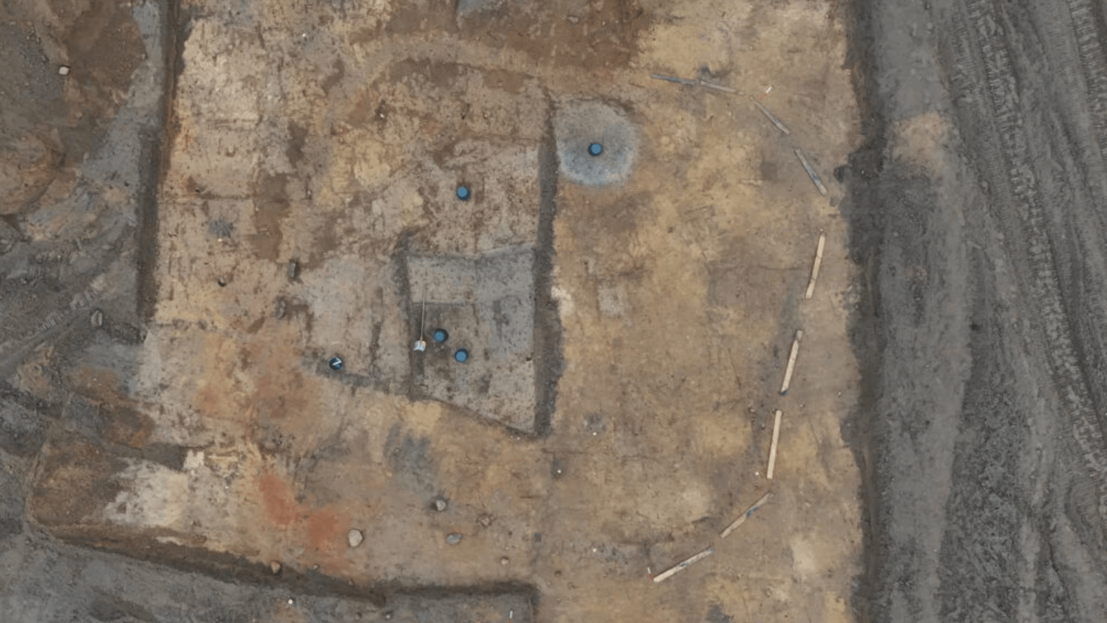 Aerial photograph showing the excavated foundations of a possible 2,800-year-old Bronze Age temple at Seddin, Germany.
