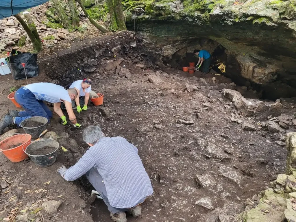 Several archaeologists working inside Tina Jama Cave in northeastern Italy. They are carefully excavating dark soil with trowels and buckets under a rocky overhang surrounded by trees.