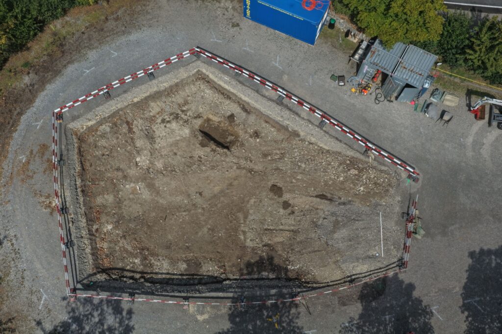 Aerial photograph of the archaeological excavation area at Augusta Raurica in Switzerland.