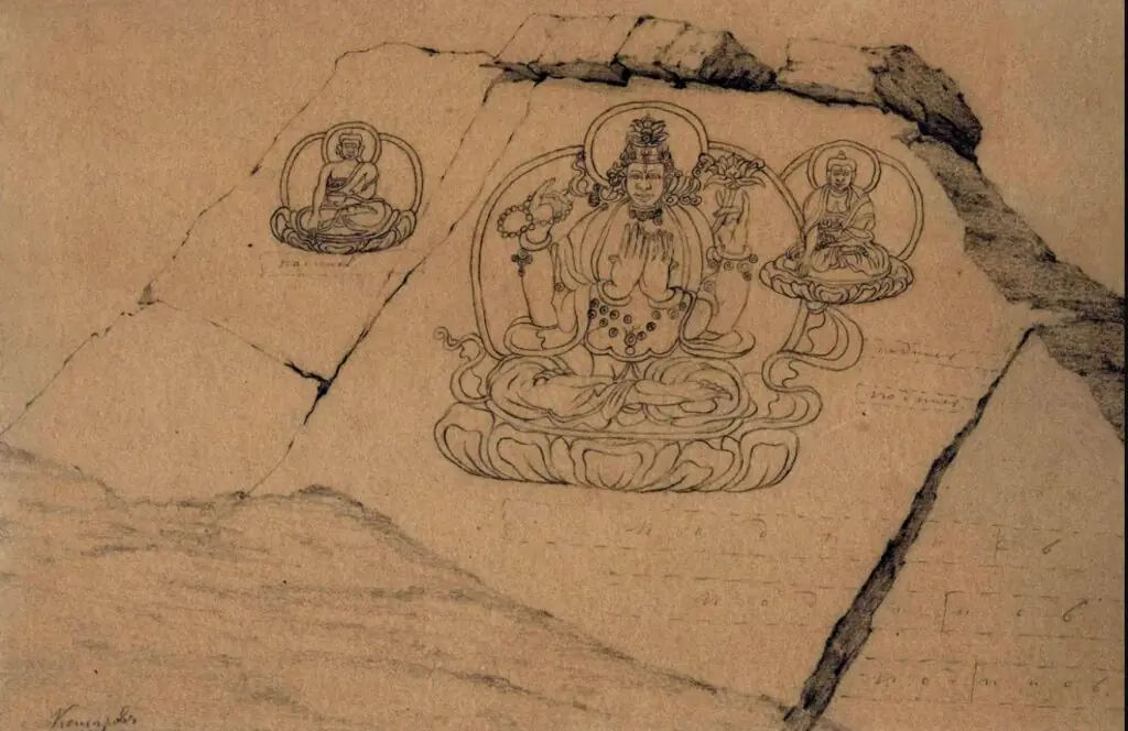 Historical drawing by Pavel Kosharov showing Buddhist figures carved into the rocks at Tamgaly-Tas in Kazakhstan.