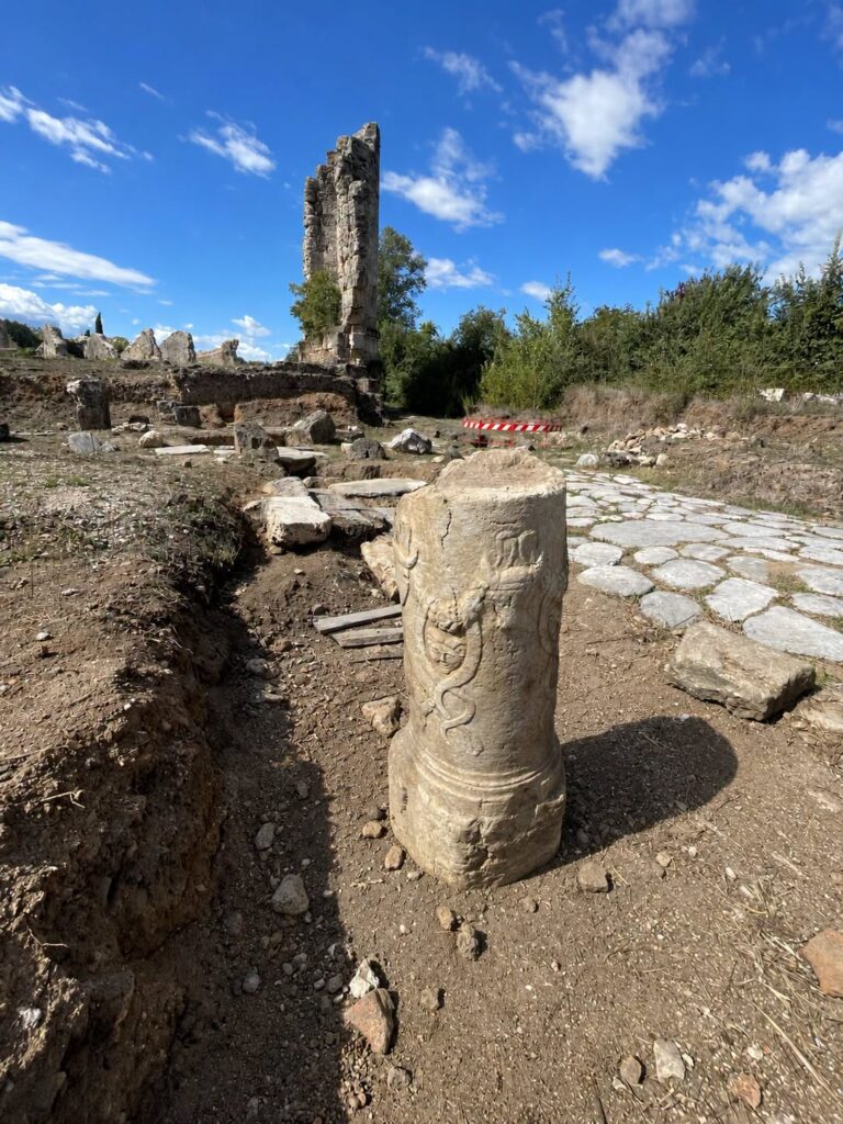 Decorated Roman stone monument standing within the archaeological site of Aquinum