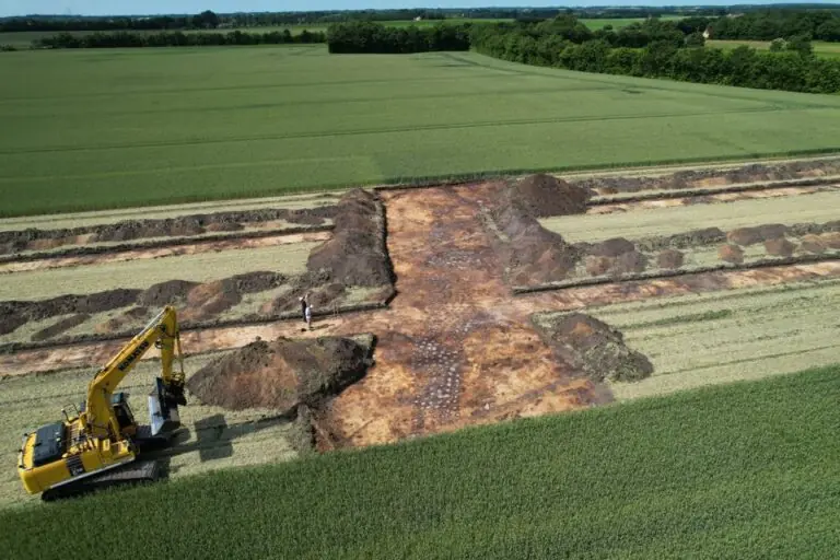 Wide aerial view of an archaeological excavation in a Danish agricultural field, showing trenches and the remains of an Iron Age posthole alignment.