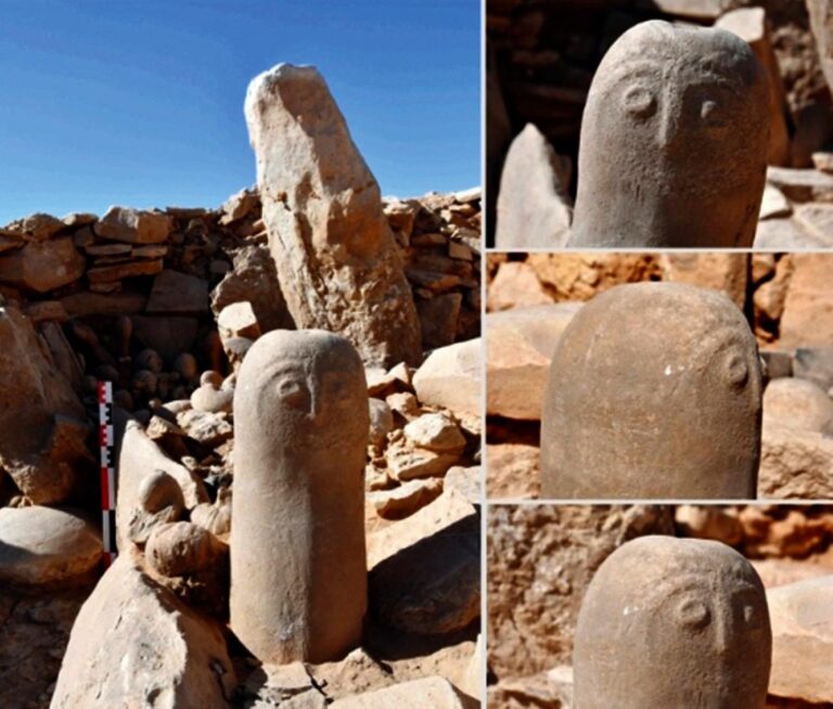 Two 9,000-year-old Neolithic stone figures from Jordan, with close-up images showing carved human eyes and facial details.