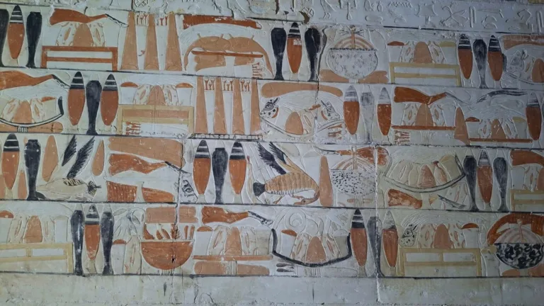 Ancient Egyptian tomb paintings showing food offerings, pottery vessels, birds, and hieroglyphic inscriptions.