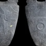 Front and back of the Narmer Palette, including King Narmer raising a mace over a kneeling enemy.