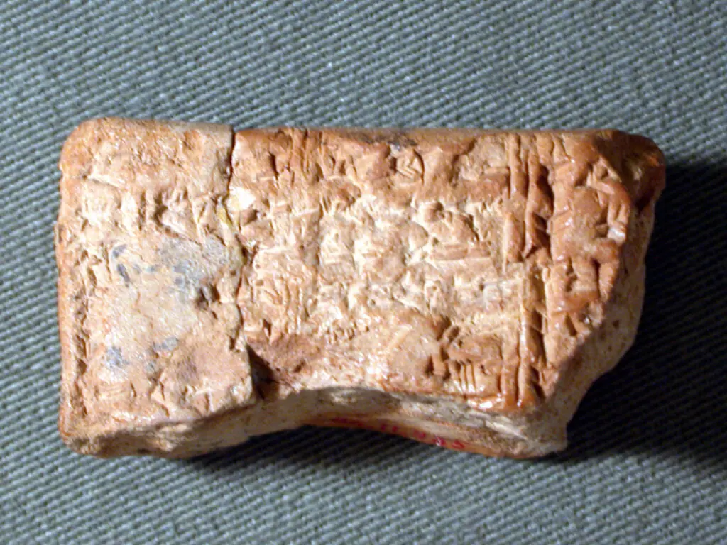 Late first-millennium BCE clay school tablet inscribed with cuneiform signs from the Urra=hubullu lexical series.